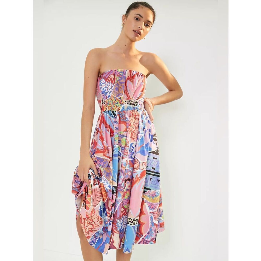 Anthropologie Alexandra Farmer Painterly Poplin Strapless Midi Dress